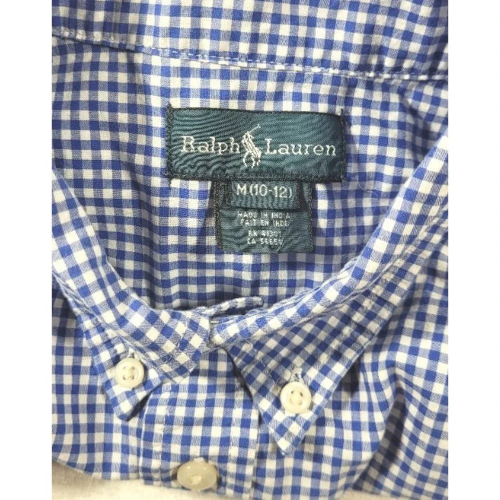 Ralph Lauren Boy's Gingham Checkered Long Sleeve Button-up Shirt - Blue M 10/12